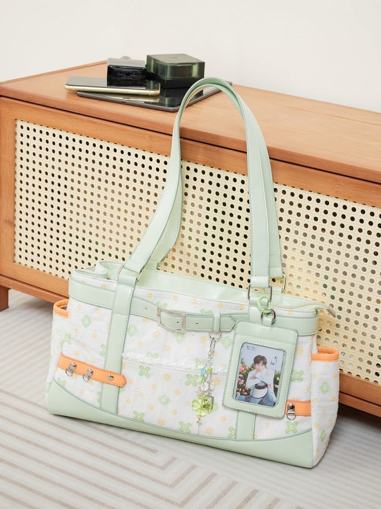 White Green Clover-Themed Large Capacity Tote Ita Bag with Strap Accents And Detachable Ita Card Holder