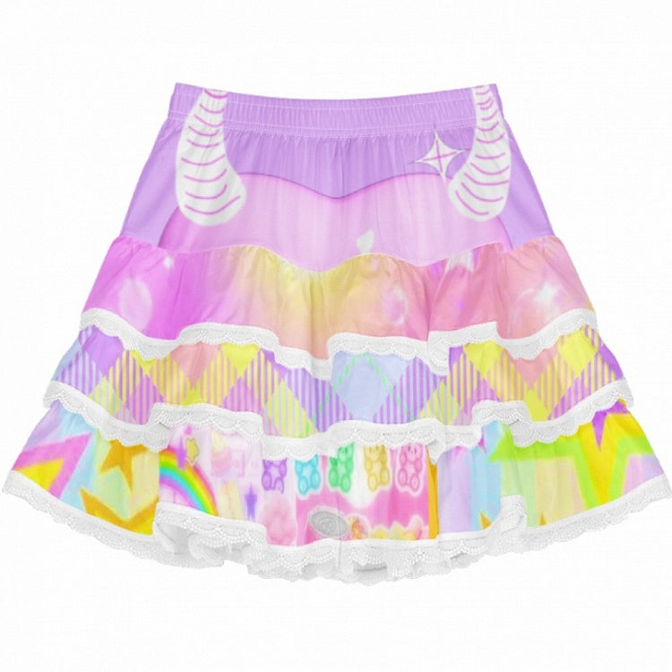 White/Blue/Purple Skirt with Lace Trim Y2K Striped Pattern Tiered A-Line