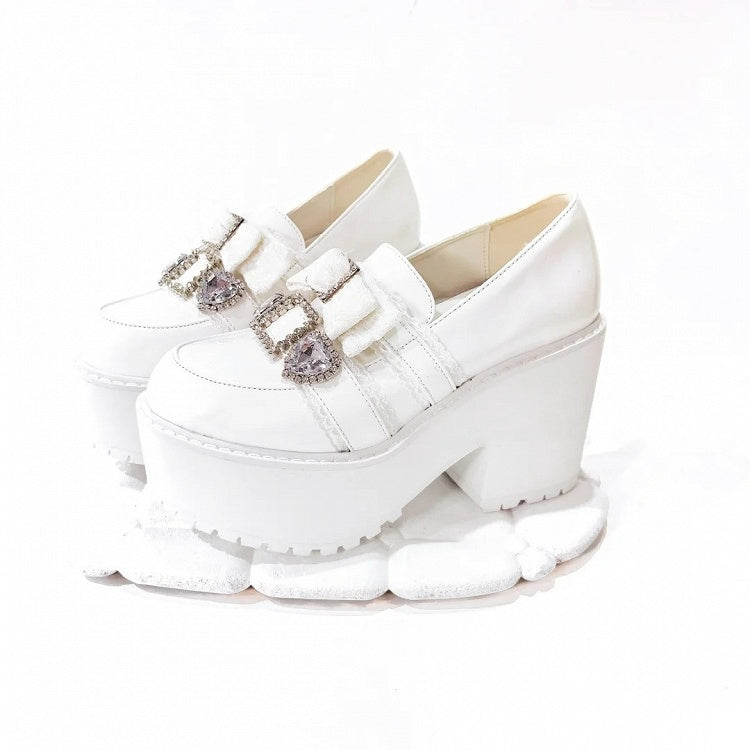 with Jirai Platform Matte Rhinestone Bow White 10cm Heart Loafers Kawaii Kei Heel