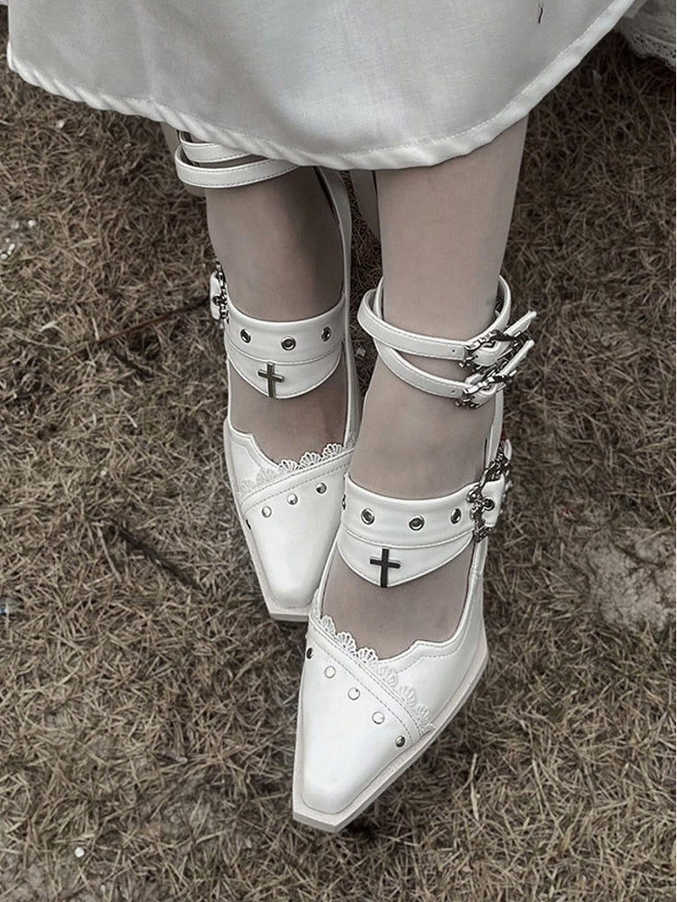 Punk Pointed Toe High Block Heels in White Coffin Buckles and Metal Cross with Gothic 8.5cm