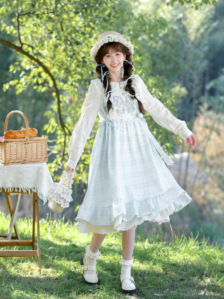 Alice in Wonderland Vibes Blue & White Plaid Butterfly Embroidery Mori Kei Dress