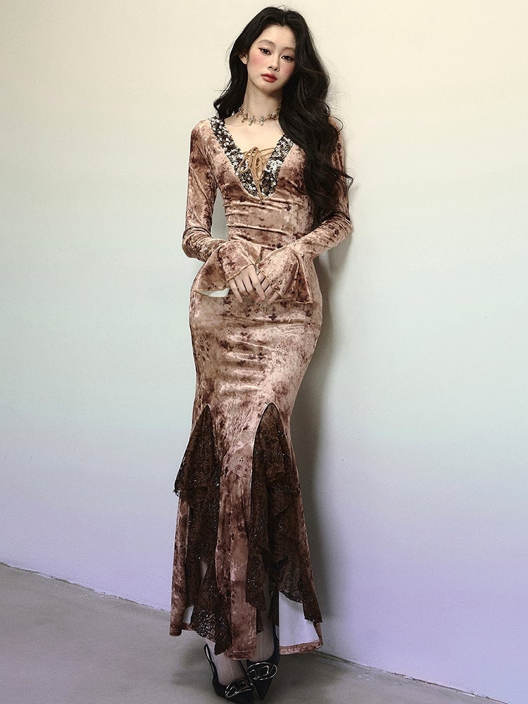Coffee Sequins V-neck High Waist Lace Patchwork Flounce Mermaid Skirt Velvet Dress Evening Gown