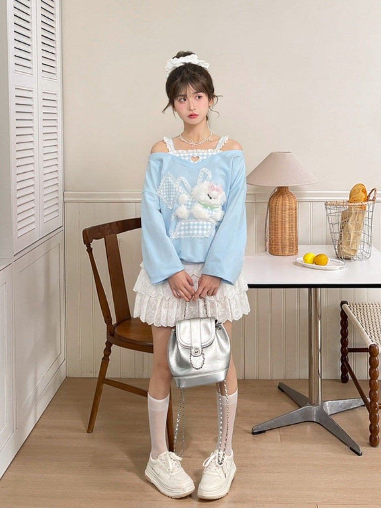 Cutout Shoulder Top Faux Plush Puppy Lace Embellished Blue Plaid Two-pieces