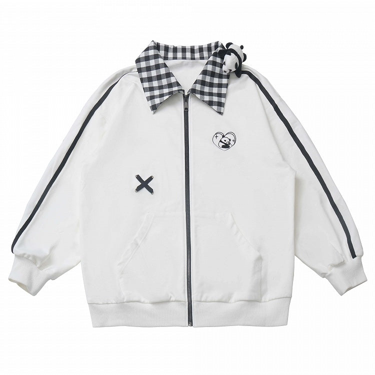 Jacke mit weißem/schwarzem Kragen und Panda-Plüschtier mit Herz-Panda-Stickerei und Karomuster