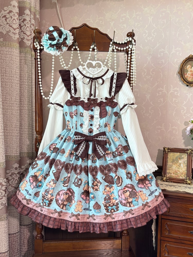 Lolita Dress Sleeves Vintage Teddy Bear Print Sweet Flutter Mint Green JSK
