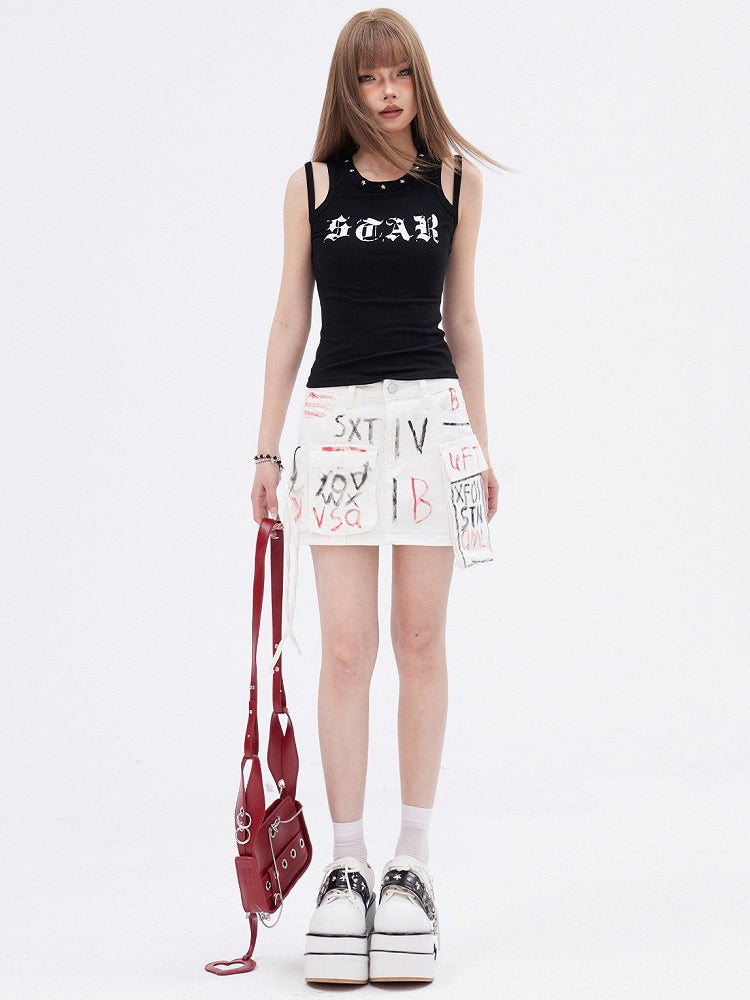 Black Print Design Double Shoulder Straps Sleeveless Top