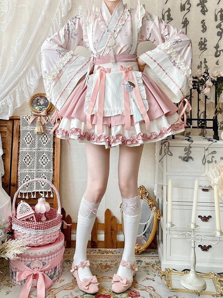 Han Pink Blossom Crossover Skirt Top Outfit Neckline Sakura Cherry Festival + Herbal Medicine Lolita Set