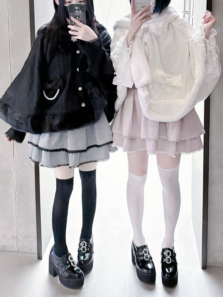 Hood Plush Cape Design Jirai Kei Beige Bunny Ears Bowknots Detachable
