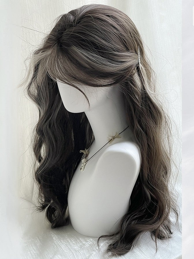 And Bangs Brown 65CM Highlight Wig Length Curtain Wavy Gray With