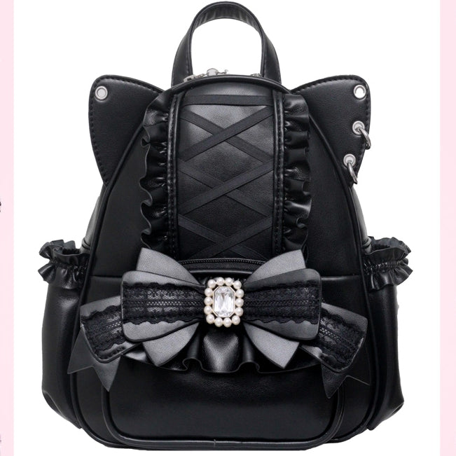 Black Kei Cat Ear Backpack With Beaded and Rhinestone Bow Jirai