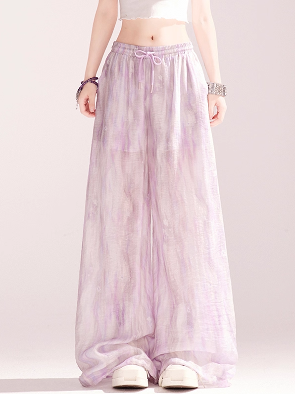 Light Waist Wide-leg Casual Loose Shirt / Pants Purple Drawstring