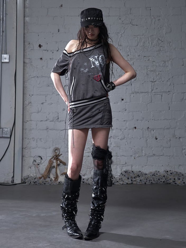 Asymmetrical Neckline Gray/White Wasteland Punk Distressed Dress