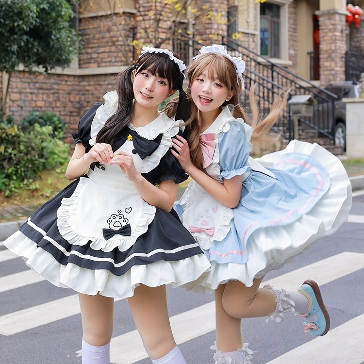 Pink and Blue Paw Apron Dress Lolita Sweet Maid Kitty Embroidery