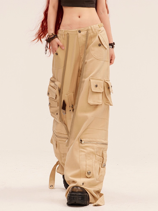 Low Millard Fashion Khaki Rise Cargo Pockets Wide-leg Pants