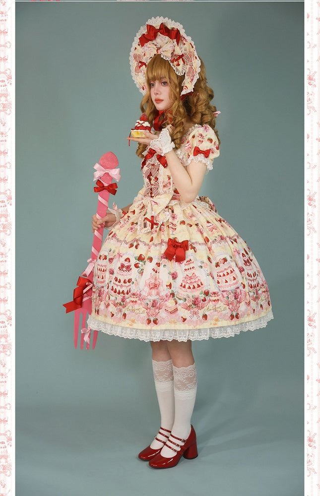 Dress Cake Strawberry / Bow Full Sweet Print Accents Yellow Set Lolita