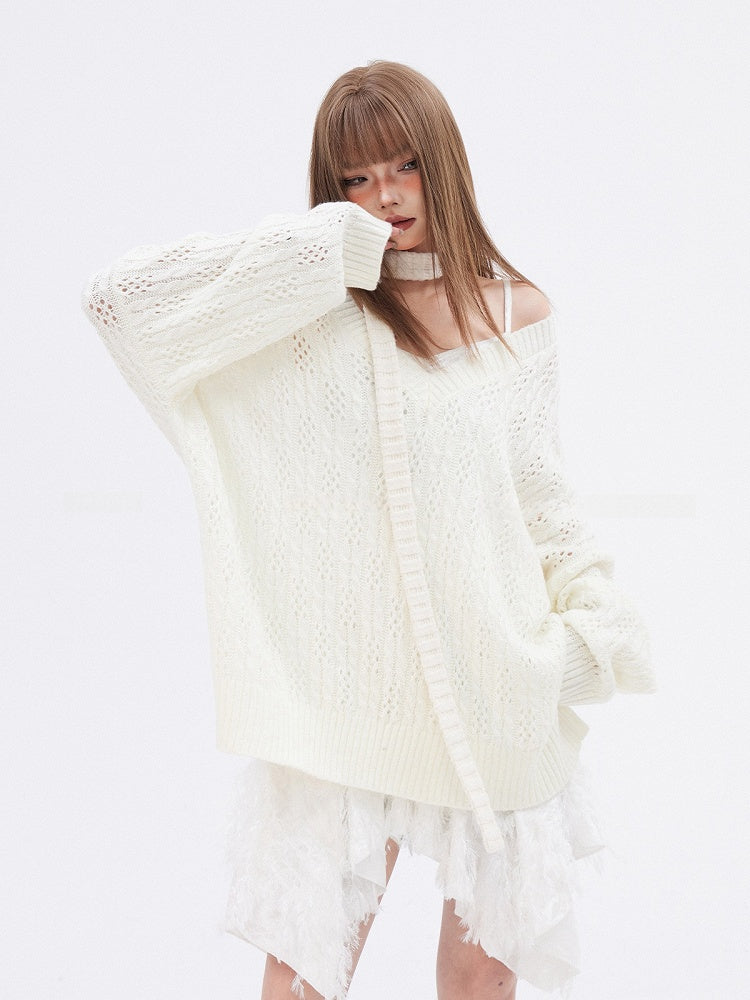 Apricot/Black V-neck Hollow-out Knitted Sweater