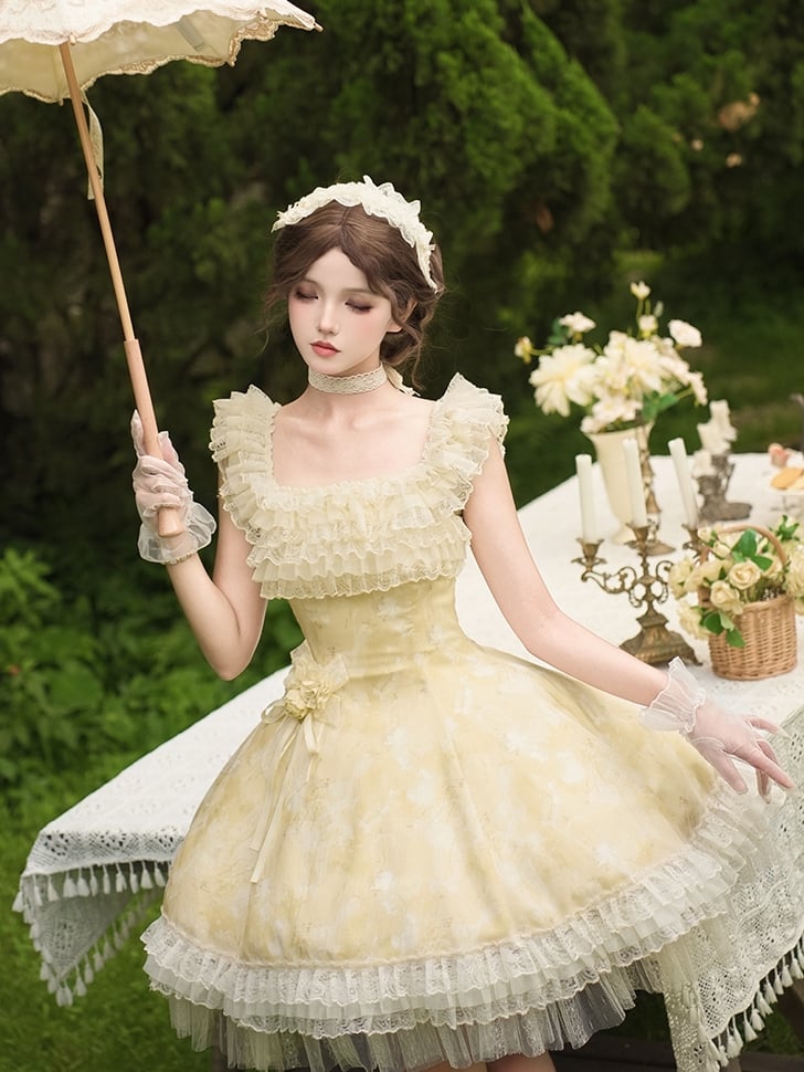 Light Versatile Full Dress Lolita JSK Neckline Floral Yellow Set and Butterfly Print