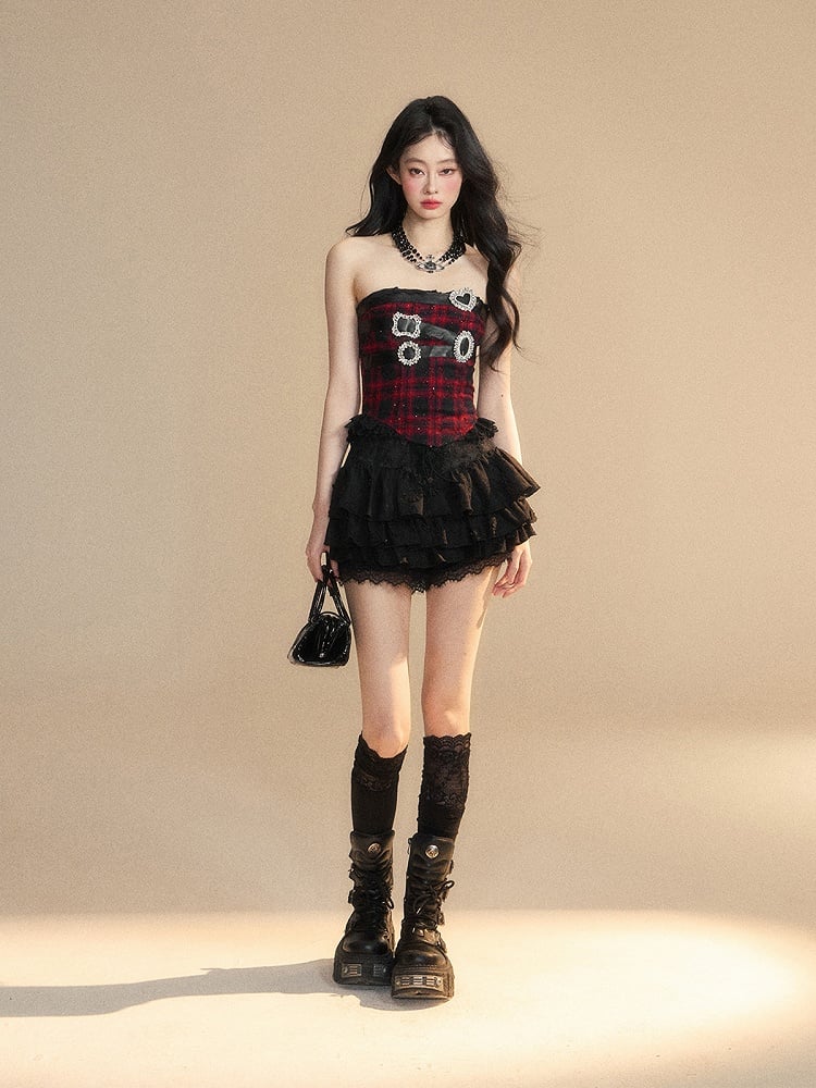 Black Plaid Rhinestone Buckles Lace Trim Glamorous Strapless Top Red