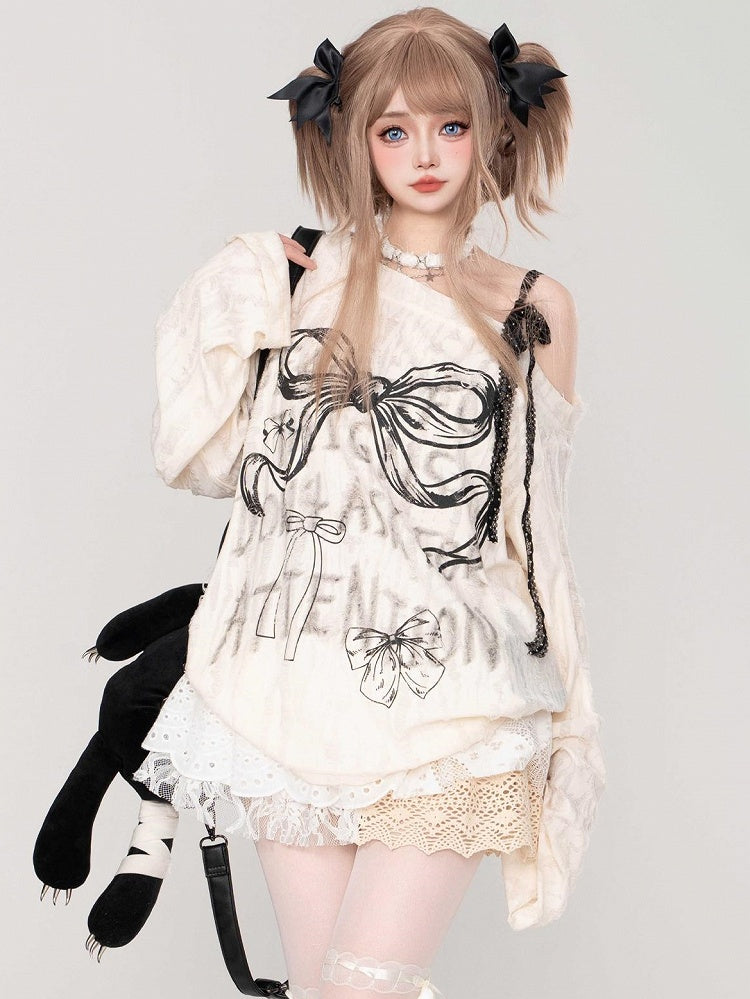 Grey/Milk White Bowkonts Asymmetrical Neckline Top