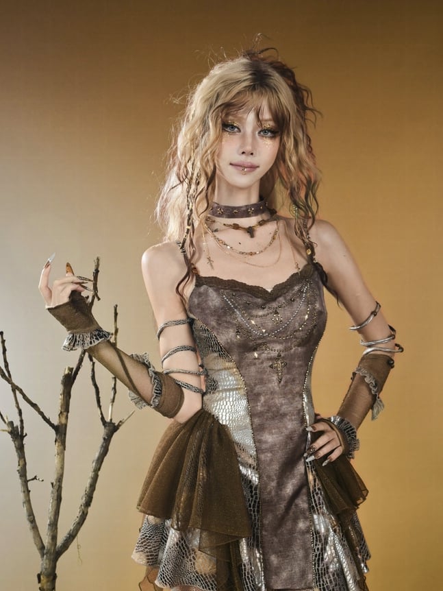 Brown Trim Pattern Ruffles Wasteland Snakeskin Gloves Punk