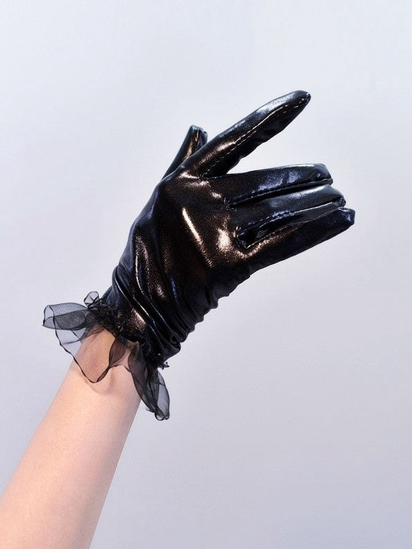 Gothic-Cyberpunk-Handschuhe in Schwarz mit Spitzenbesatz