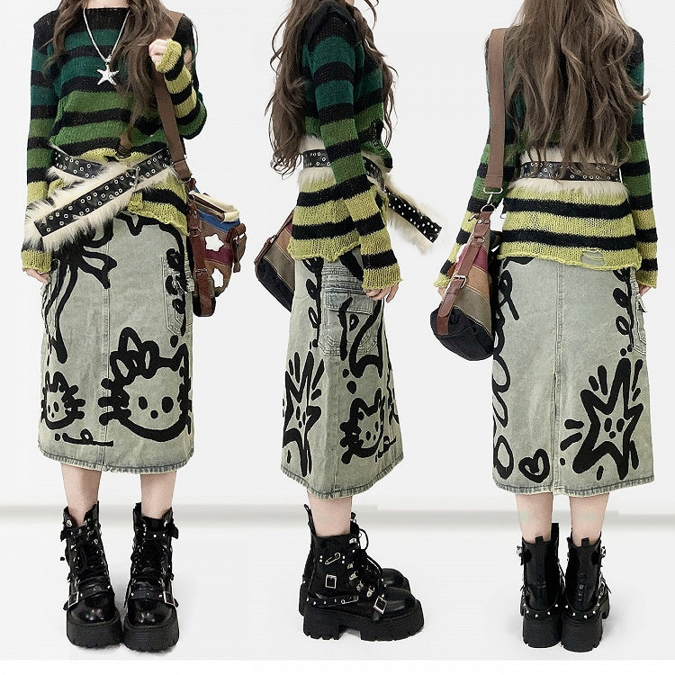 Pattern Y2K Green Cut-out Neckline Details Asymmetrical Sweater Striped