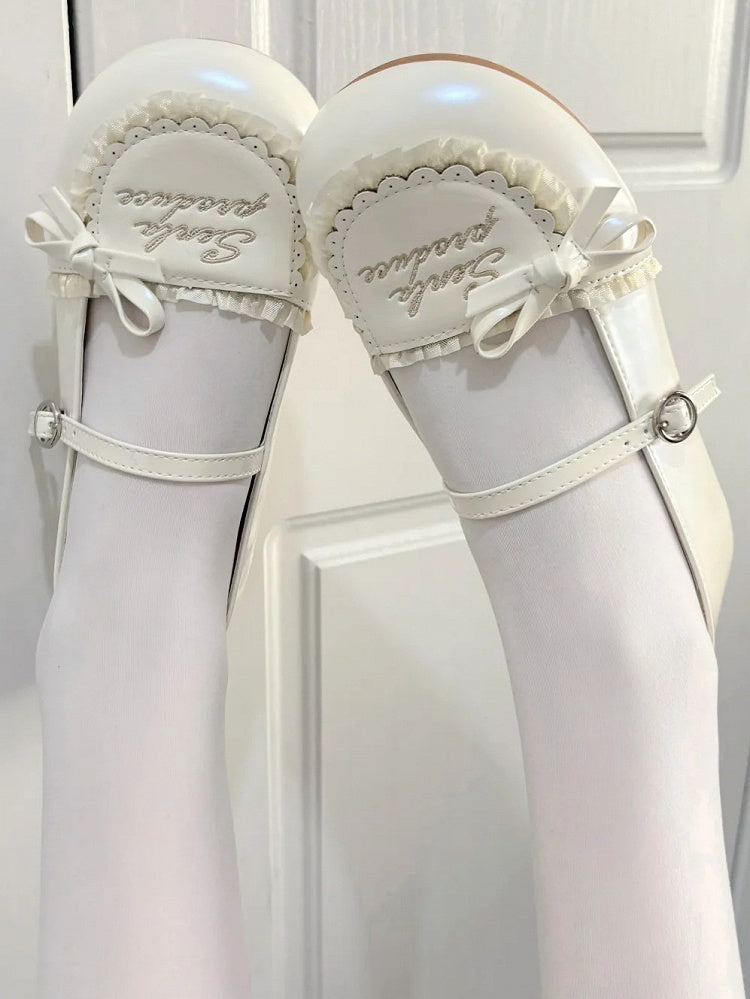 Lolita im süßen Stil Jane Schuhe Mary Flat Beige Rüschen mit Besatz