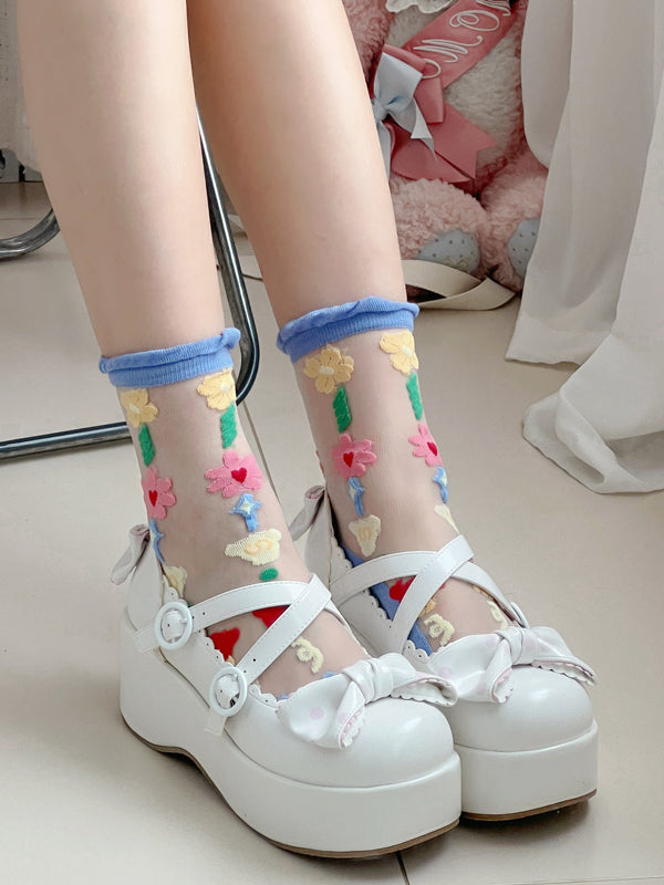 Floral Calf Semi-sheer Socks Pattern Pink/Blue/Beige
