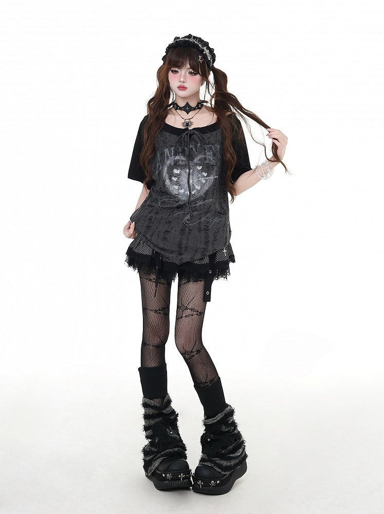 Neckline Gray Distressed Holes Colorblock Design Self-tie Strap Black and Graphic T-shirt