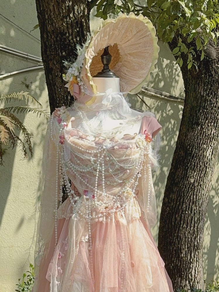 Lolita-Strohhut mit Blumenmuster und Federn