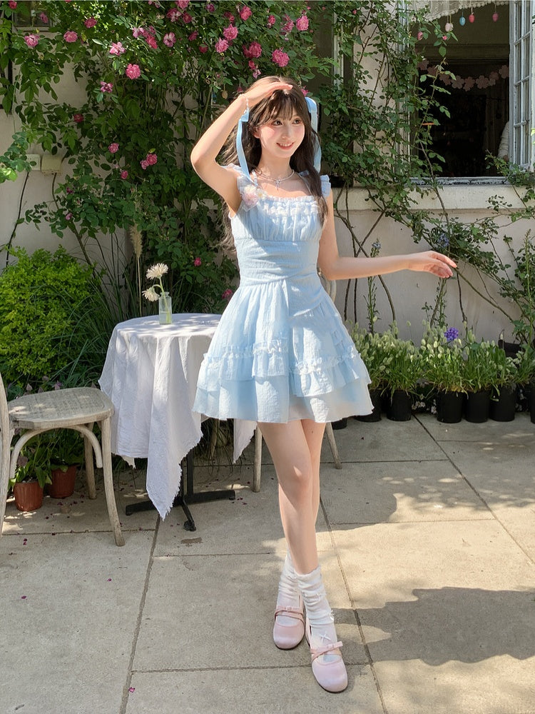 Sleeves Light Blue Flutter Dress Skirt Asymmetrical Chiffon Halter Neck Tiered