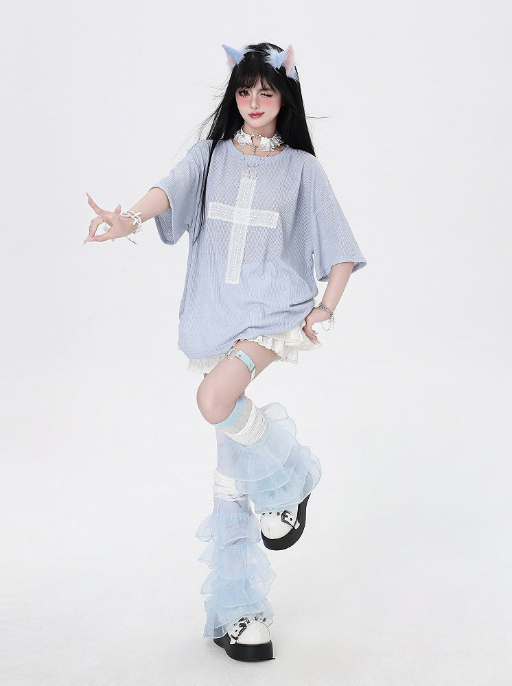 Light T-Shirt Cross Applique Loose Pink/Light Blue/Black