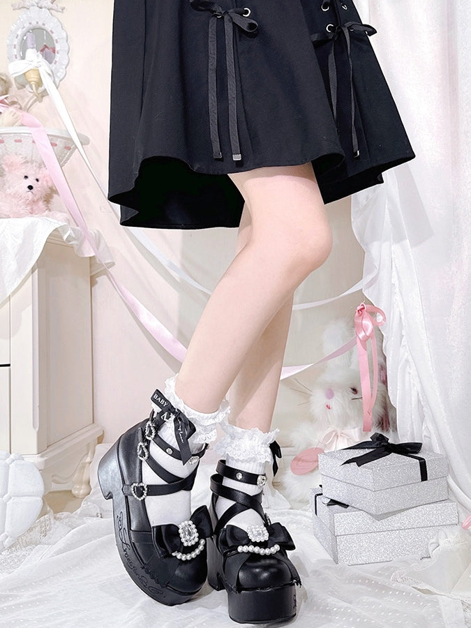 Bow And Beaded Rhinestone Block Kei High Jirai at Top Heels Platform Matte Decorated Black