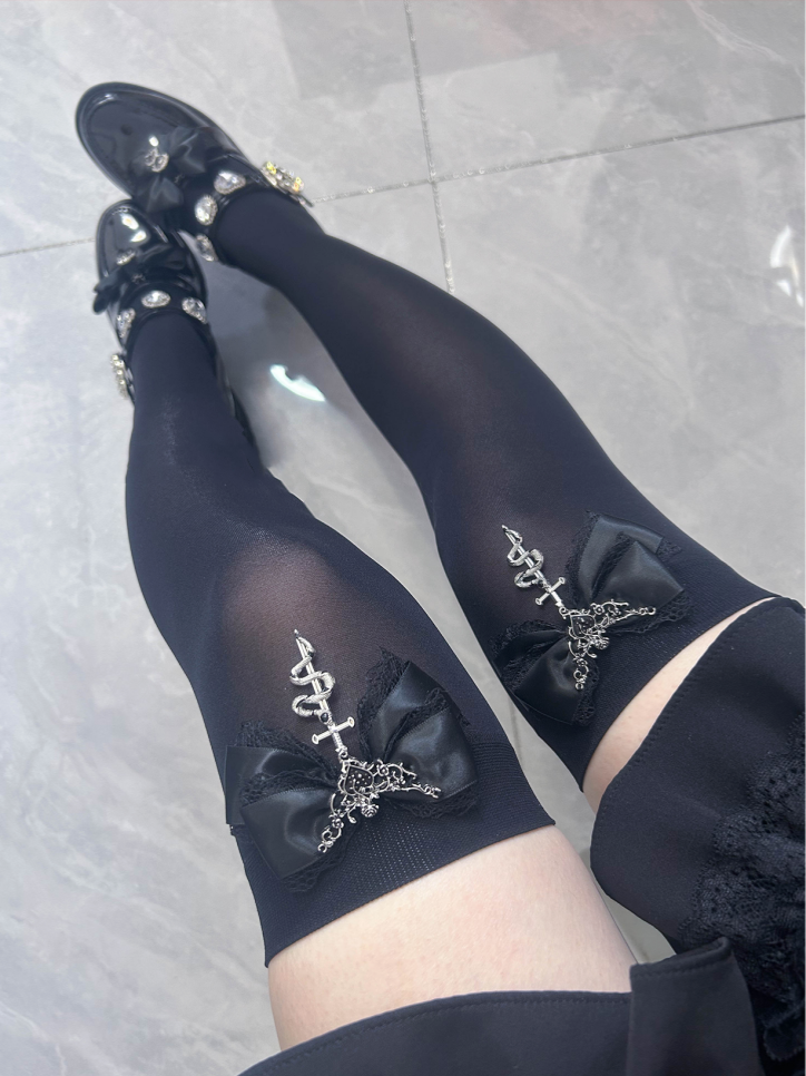 Accents Black Bowknot Regular/Long Kei Knee Over Gothic Stockings Jirai Metal Snake Version
