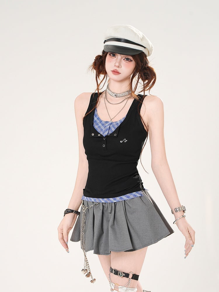 Tank Top Black and Blue Plaid Faux Two-pieces Slim-fitting