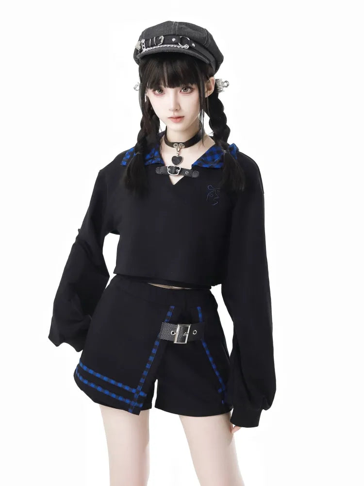 Blue Free Dark Sweatshirt mit Cami-Kragen Top Plaid Cropped Schwarz