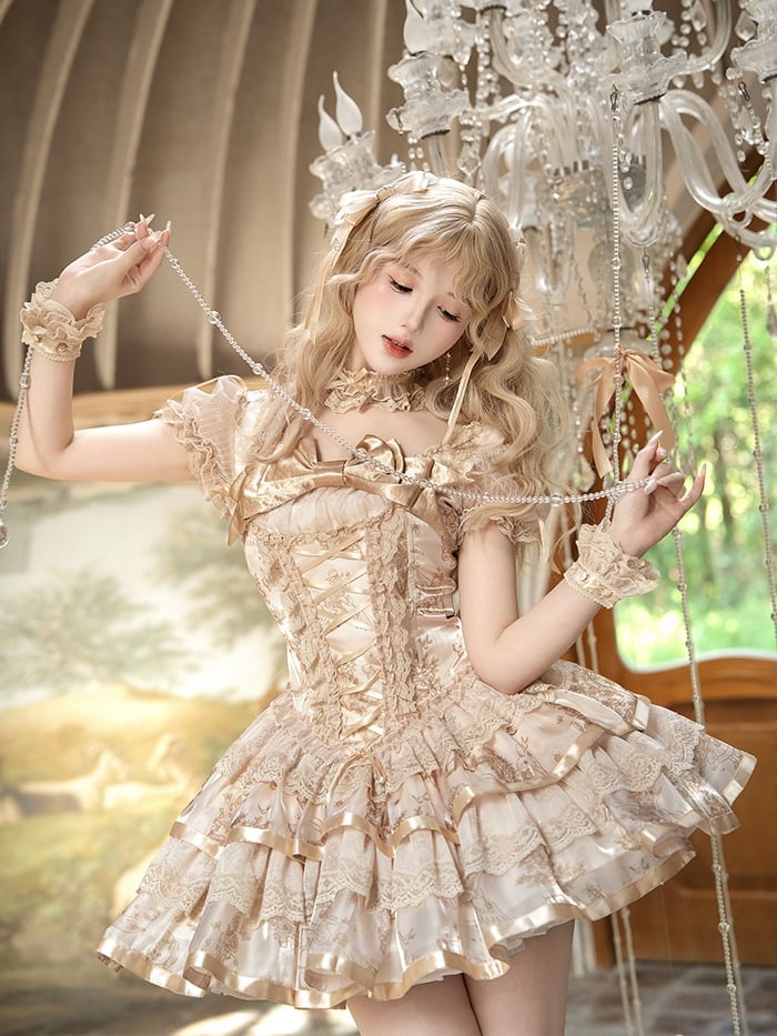 Sleeves Corset Lolita Kitty Short Dress Print and Bunny Puff Champagne