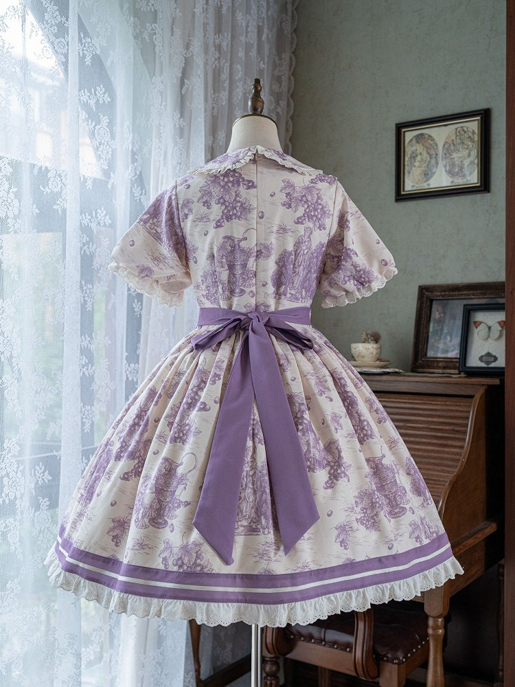 Lolita Print Lila Kurzes Kleid mit Peter-Ärmeln und Traubenkragen