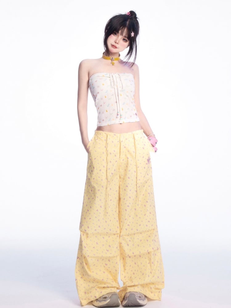 Light Yellow Drawstring Waist Floral Wide-leg Casual Pants