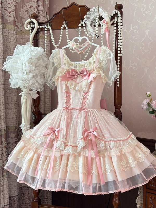 Bow Sweet Lolita Dress Flutter Pink Lace-up Bodice High Waist Sleeves with Big Jumper Skirt Detachable