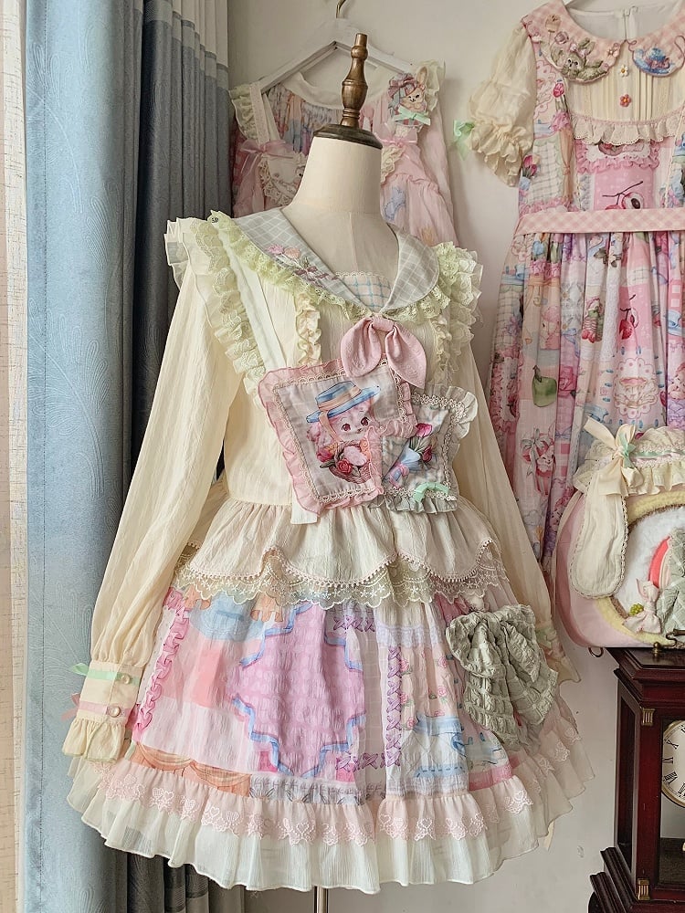 Cottagecore Patchwork Print Sweet Lolita Skirt with Detachable Straps Short Version
