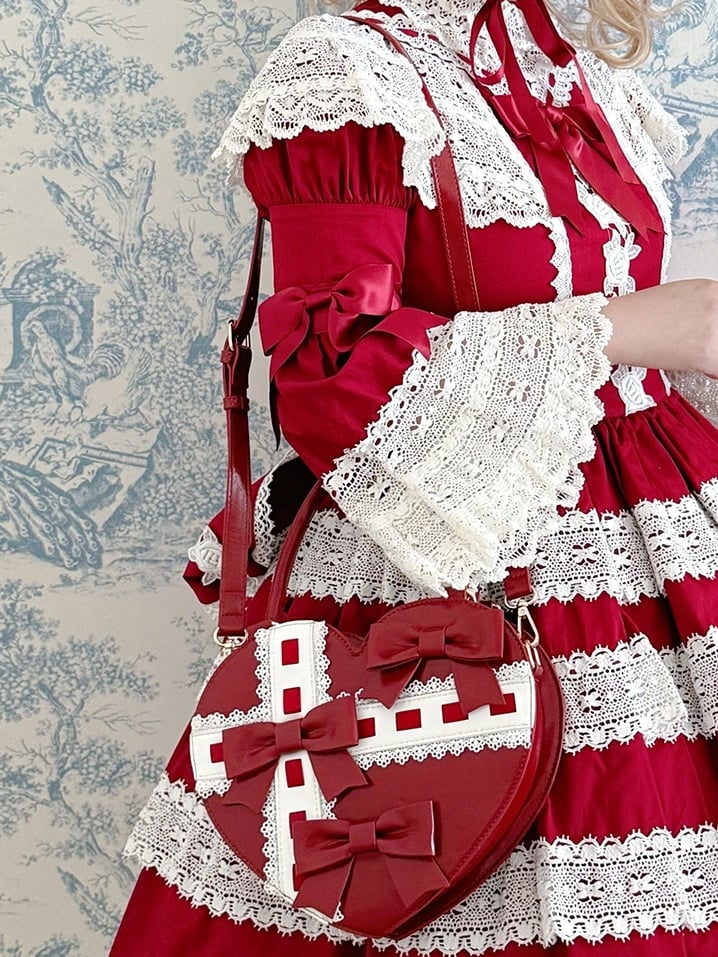 Lolita-style Cross Linear Details Bowknot with and Hand Design Abstract Red Bag Heart-shaped