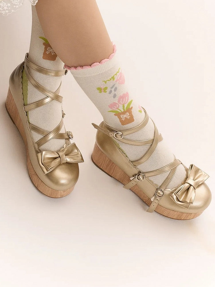 Design PU-Schuhe mit süßer Schleife Lolita Crisscross Golden Accent Plateau Keil