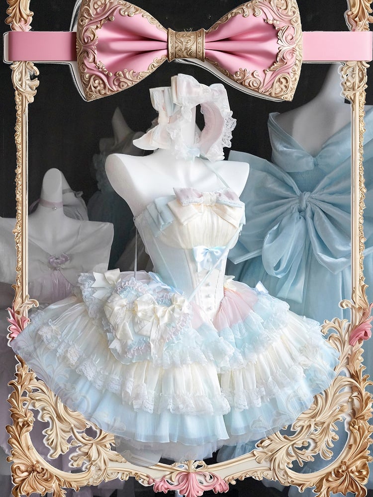 Sweet Lolita Balletcore Dress Blue Tiered Pink Skirt Yellow Boned Corset Waist