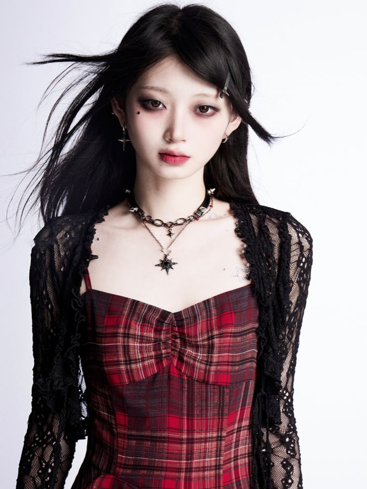Taille Asymmetrische Rot Plaid Cami Kleid Tiered Rüschen mit