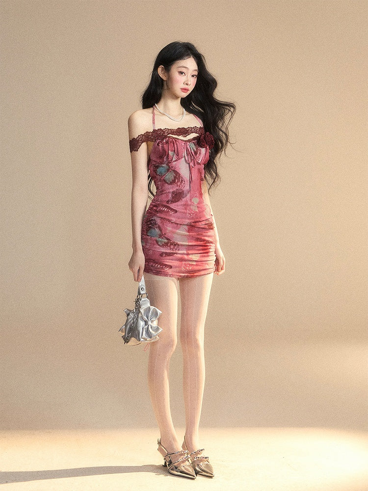 Dress Neck Accents Rosette Red Halter Rose Butterfly Print Backless Bodycon Mini