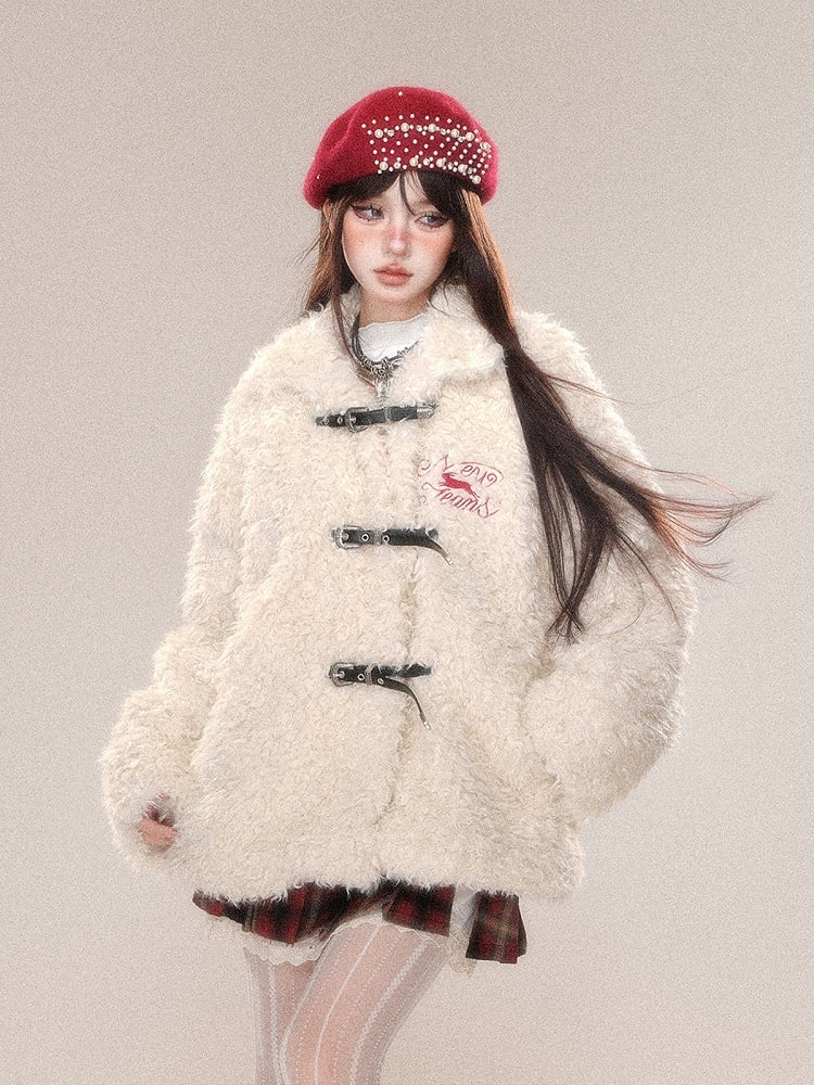 Dark Brown White Letter Buckle Straps Teddy Coat
