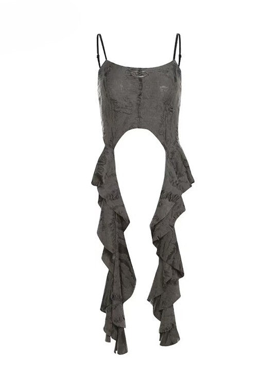 Punk Accents Ruffle Top Distressed Detail Wasteland Cascading Cami Gray