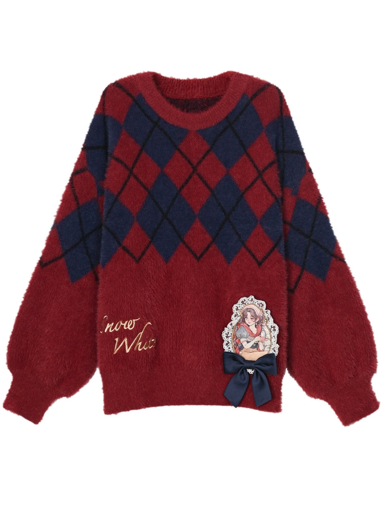 Schneewittchen-Prinzessin, roter Mohair-Pullover mit Rautenmuster