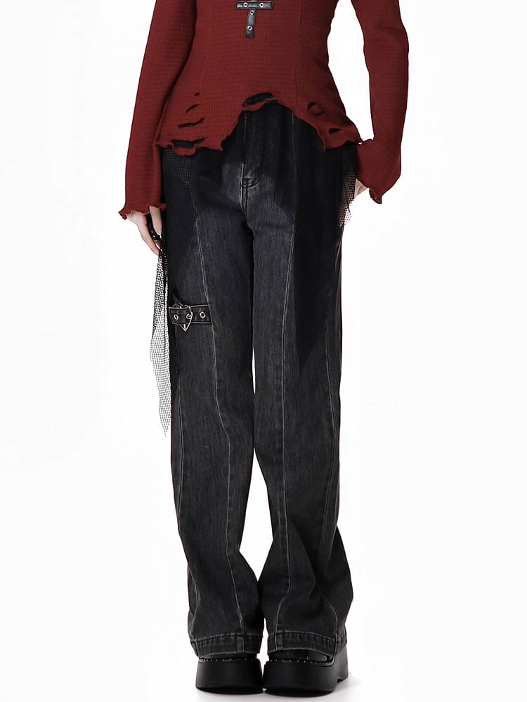 Detail Faded Wash Distressed Gray Flared Jeans Heart Buckle